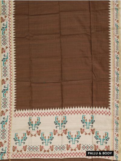 Gracecharm Semi Linen Dotted Stripe with Tribal Folk Art Pallu Saree