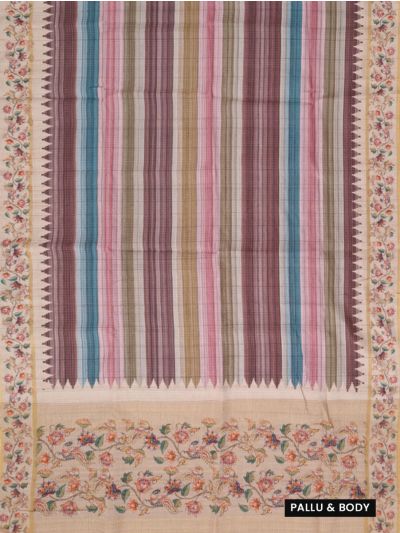 Gracecharm Semi Linen Multicolor Stripe with Bird Floral Vine Pallu Saree
