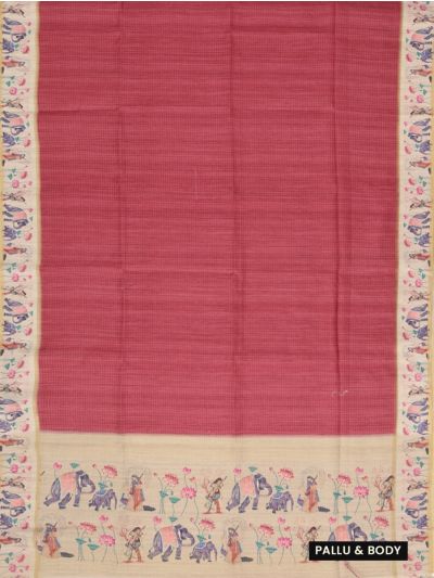 Gracecharm Semi Linen Stripe with Elephant Lotus Pictorial Pallu Saree