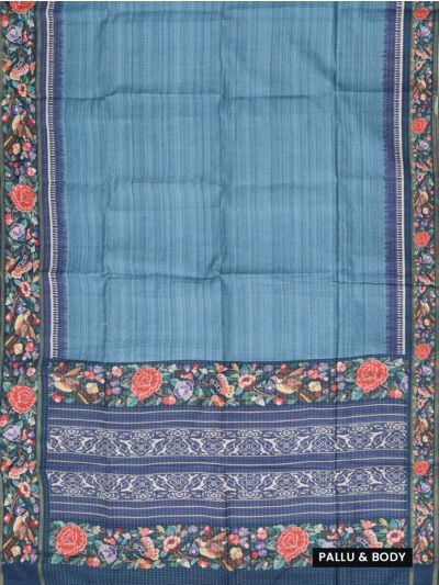Gracecharm Semi Linen Stripe with Bird Floral Geometric Pallu Saree