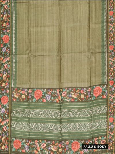 Gracecharm Semi Linen Stripe with Bird Floral Geometric Pallu Saree