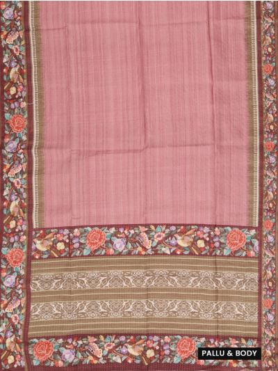 Gracecharm Semi Linen Stripe with Bird Floral Geometric Pallu Saree