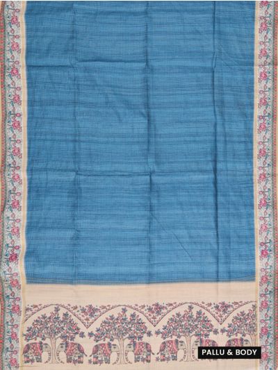 Gracecharm Semi Linen Stripe with Elephant Tree Pictorial Pallu Saree