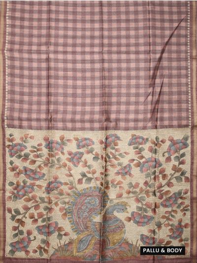 Gracecharm Semi Tussar Check with Peacock Floral Tree Pallu Saree