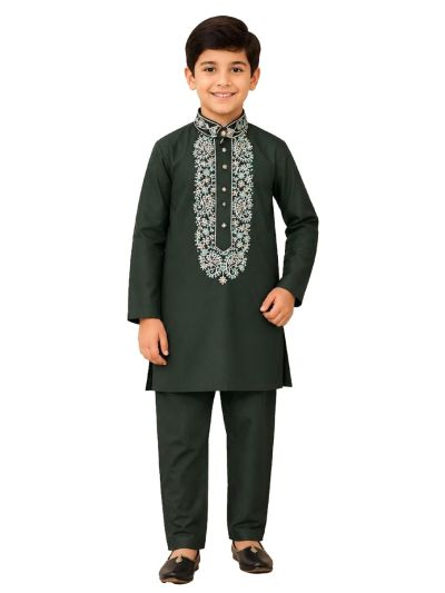 EliteCharm Boys Premium Bottle Green Paisley Embroidered Readymade Sherwani Set