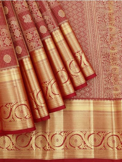 Vivaha Kanchipuram Pure Silk Elephant Geometric Check with Floral Zari Border Saree