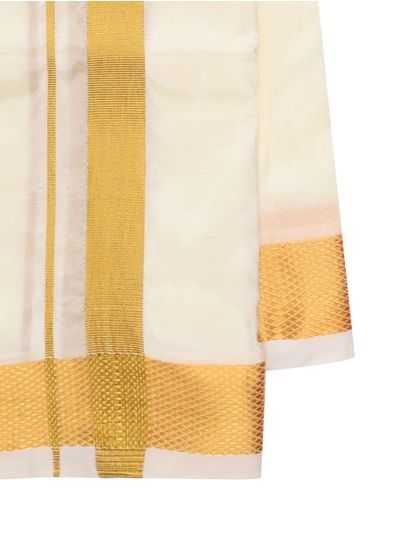 Men’s Traditional Art Silk Off White Broad Golden Kasavu Border Dhoti