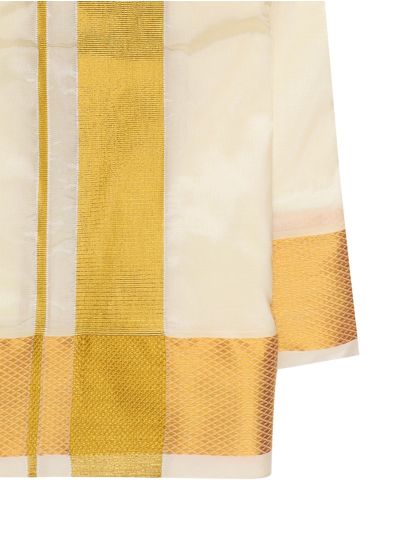 Men’s Traditional Art Silk Broad Golden Off White  Kasavu Border Dhoti 