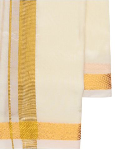 Men’s Traditional Off White Art Silk  Broad Golden Kasavu Border Dhoti