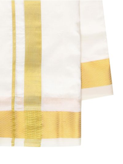 Men's Traditional Off White Pure Silk  Dhoti, Shirt and Angavastram Set 