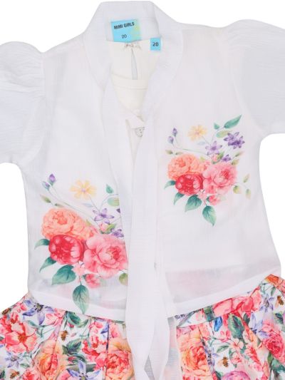Graceful Essence Girls Floral Print Tie-Neck Short Midi Dress