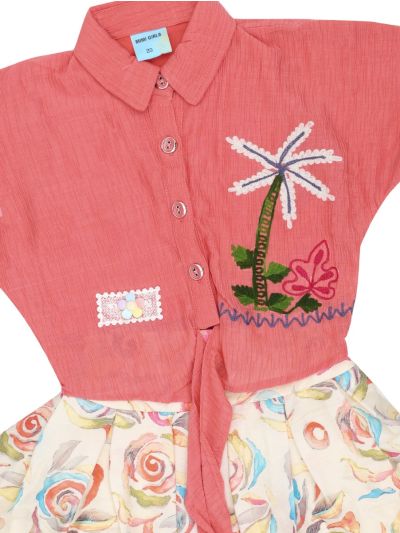 Graceful Essence Girls Palm Tree Embroidery Floral Print Short Midi Dress