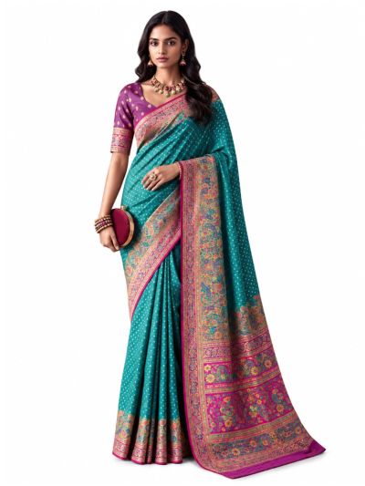 Gracecharm Katan Silk Butta with Peacock Floral Pallu Saree