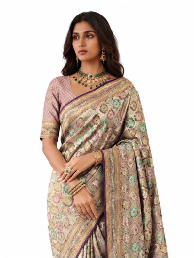 Gracecharm Mashru Kanjivaram Silk Floral Bouquet Medallion Jaal Saree