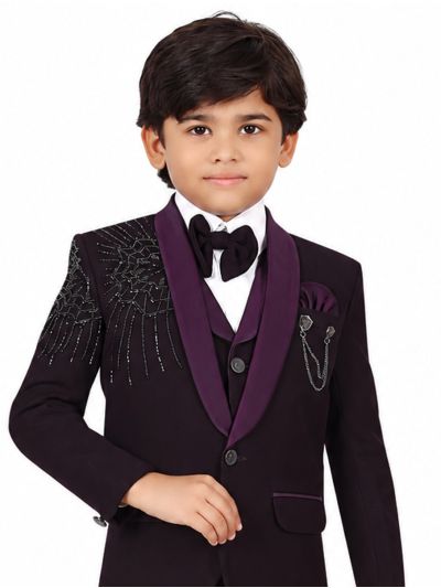 Royal Elegance Boys Deep Plum Purple Embellished Tuxedo 5 Piece Suit Set