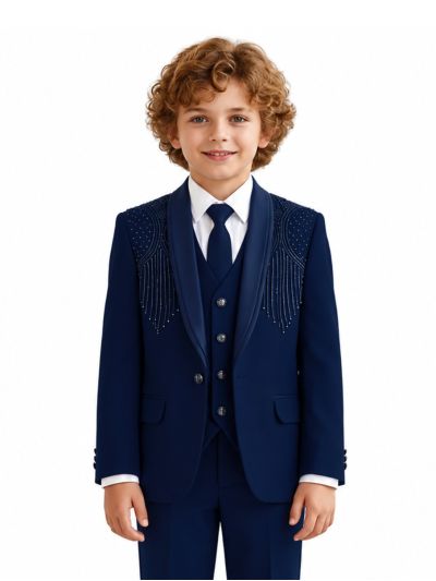 Royal Elegance Boys Navy Blue Embellished Tuxedo 5 Piece Suit Set