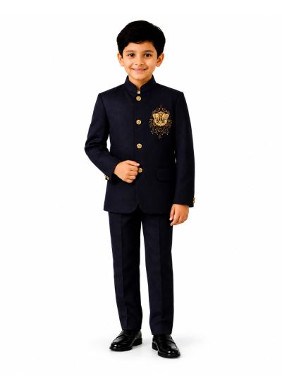 Royal Elegance Boys Black Elephant Crest Embroidered Bandhgala Suit Set