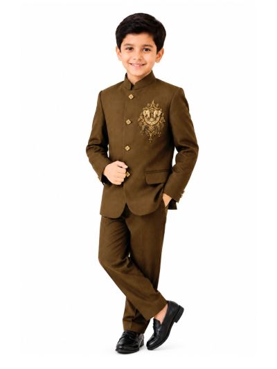 Royal Elegance Boys Olive Brown Elephant Crest Embroidered Bandhgala Suit Set