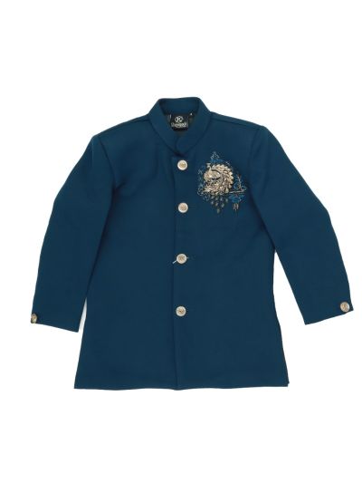Royal Elegance Boys Deep Teal Blue Peacock Crest Embroidered Bandhgala Suit Set