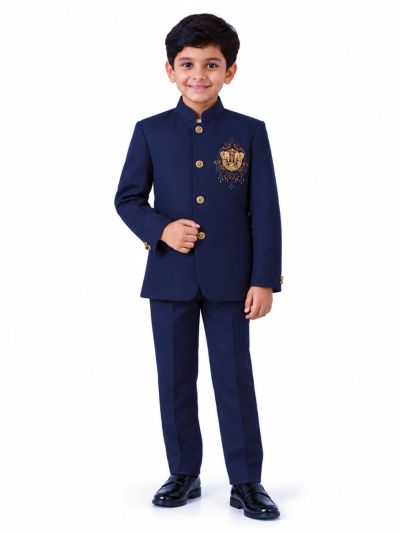 Royal Elegance Boys Royal Navy Blue Elephant Crest Embroidered Bandhgala Suit Set