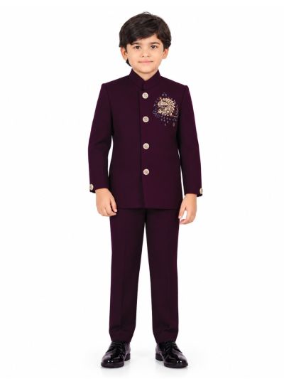 Royal Elegance Boys Deep Wine Purple Peacock Crest Embroidered Bandhgala Suit Set