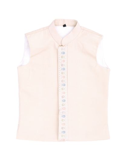 Royal Elegance Boys Ivory Beige Floral Embroidered Indo-Western 3 Piece Suit Set