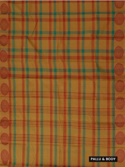 Gracecharm Elegant Cotton Multi Check Floral Border Saree - Without Blouse
