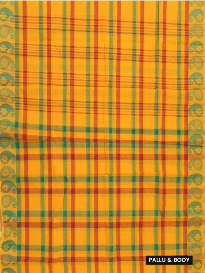 Gracecharm Elegant Cotton Multi Check Paisley Border Saree - Without Blouse