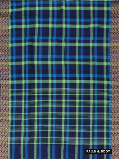 Gracecharm Elegant Cotton Bold Check Leaf Border Saree - Without Blouse