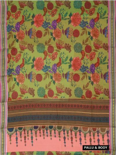 Gracecharm Elegant Chanderi Cotton Floral Print Striped Pallu Saree