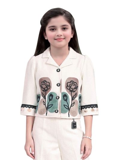 Graceful Essence Girls Floral Applique Cropped Jacket with Wide-Leg Pant Set