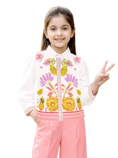 Graceful Essence Girls Tropical Floral Shirt with Wide-Leg Pant Set