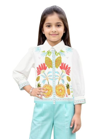 Graceful Essence Girls Tropical Floral Shirt with Wide-Leg Pant Set