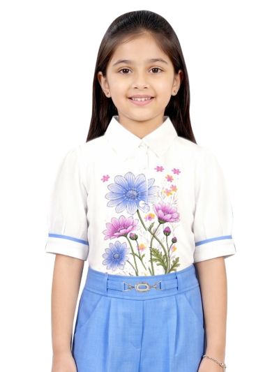 Graceful Essence Girls Floral Bouquet Shirt with Wide-Leg Pant Set
