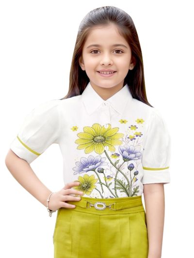 Graceful Essence Girls Floral Bouquet Shirt with Wide-Leg Pant Set