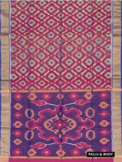 Gracecharm Pochampally Silk Cotton Ikat Diamond Floral Pallu Saree