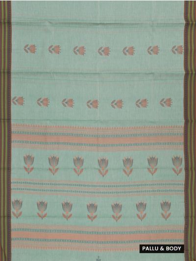 Kanmanie Cotton Floral Bud Butta Geometric Stripe Pallu 3 inch Jacq Border Saree