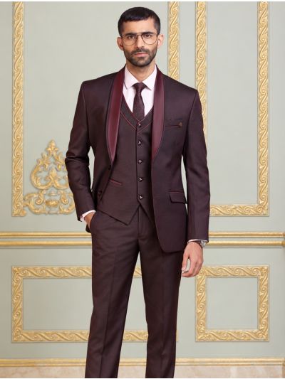 Bennevis Men’s Wine Satin Shawl Lapel Tuxedo 5 Piece Suit Set