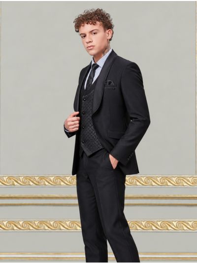 Bennevis Men’s Satin Shawl Lapel Geometric Diamond Waistcoat Tuxedo 5 Piece Suit Set
