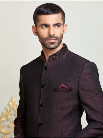 Bennevis Men’s Floral Scroll Patterned Embellished Collar Jodhpuri 2 Piece Suit Set
