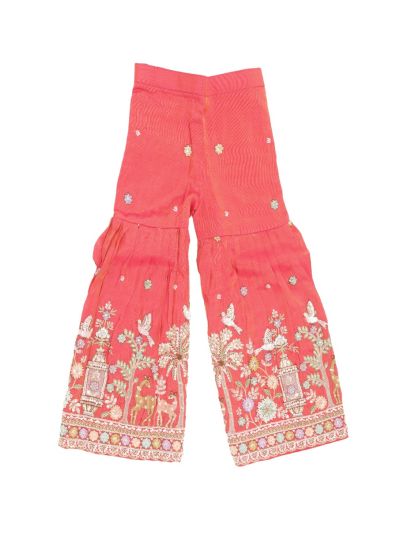 Graceful Essence Girls Deer Bird Floral Embroidered Kurta Gharara Dupatta Set