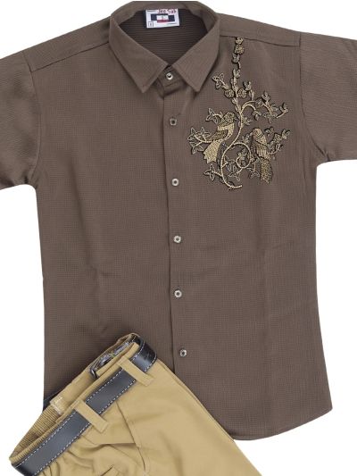 Gracecharm Boys Bird and Floral Embellished Textured Shirt and Trousers Set