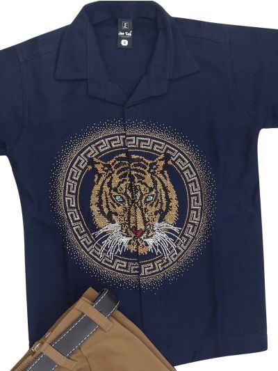 Gracecharm Boys Tiger Motif Embellished Shirt and Trouser 2 Piece Set