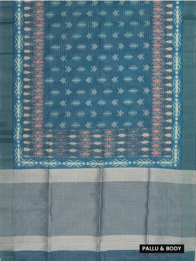 Gracecharm Semi Jute Geometric Ikat Butta with Striped Pallu Border Saree