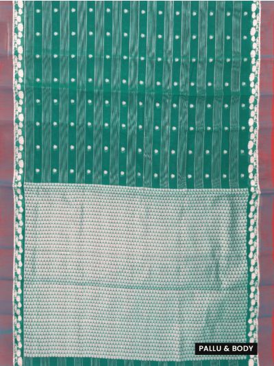 Gracecharm Kora Silk Cotton Teal Green Striped Lotus Butta Saree