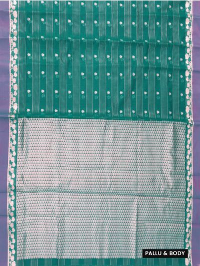 Gracecharm Kora Silk Cotton Teal Green Striped Lotus Butta Saree