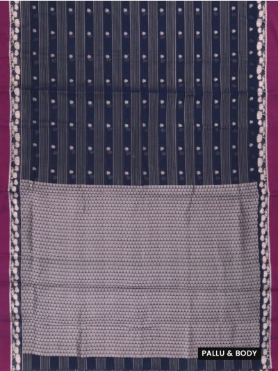 Gracecharm Kora Silk Cotton Navy Blue Striped Lotus Border Saree