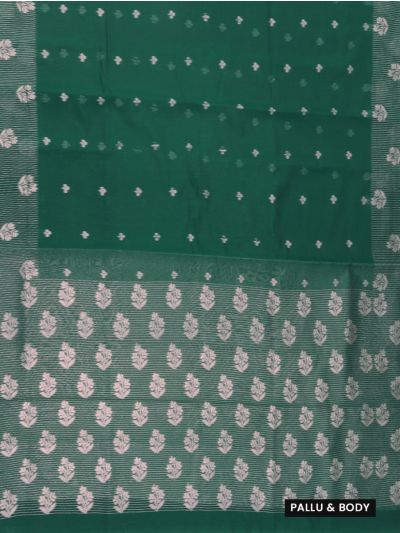 Gracecharm Kora Silk Cotton Bottle Green Floral Butta Border Saree