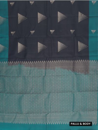 Gracecharm Art Soft Silk Black Fan Motif Teal Green Zari Saree  