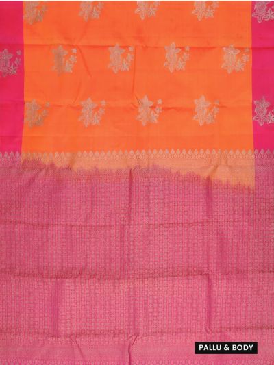 Gracecharm Art Soft Silk Orange Floral Butta Pink Zari Saree